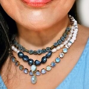 Victorian Darling Light Blue Swarovski Crystal Porcelain Beads Layered Necklace
